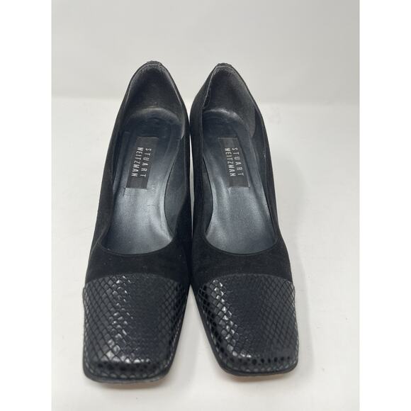 Vintage Stuart Weitzman Black Suede and Snakeskin Square Toe Pumps size 8 .5 B - Picture 1 of 13